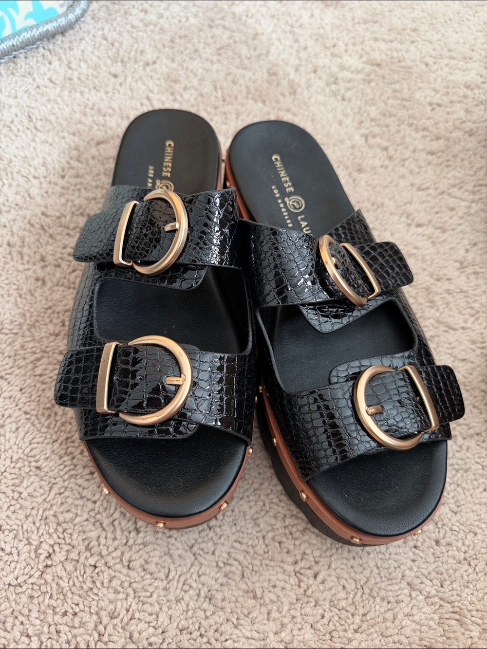 Chinese Laundry Black Croc-Embossed Double Buckle Slide Mules